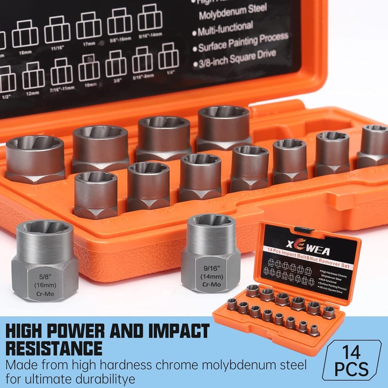 XEWEA 14PCS Bolt Extractor Set, 3/8" Drive Impact Stripped Bolt Remover Extractor Socket Set for Removing Damaged Broken Rounded Off Bolt & Nut Remover Set with Storage Case,Father's Day Gift - Image 5